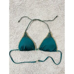 Banana Moon Teal Green Gold Crochet Trim Triangle Bikini Top Boho Shimmer Small